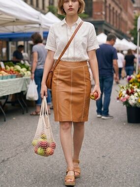 Gap 100% tan leather contrast stitching a line mini